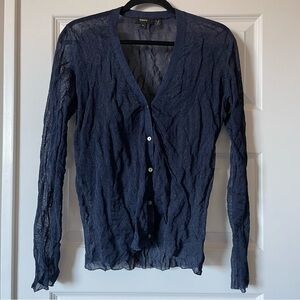 Theory Crinkle Effect Navy Shimmer Sheer V Neck Cardigan Size Medium